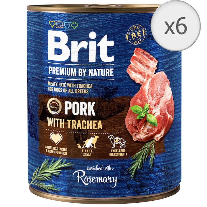 Hrana umeda pentru caini Brit Premium, Pork With Trachea, 6 x 800g
