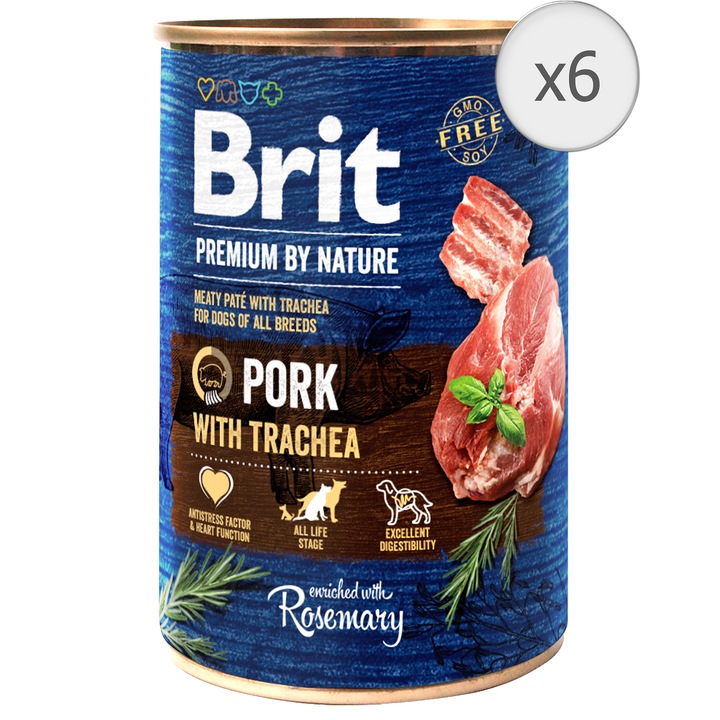 Hrana umeda pentru caini Brit Premium, Pork With Trachea, 6 x 400g