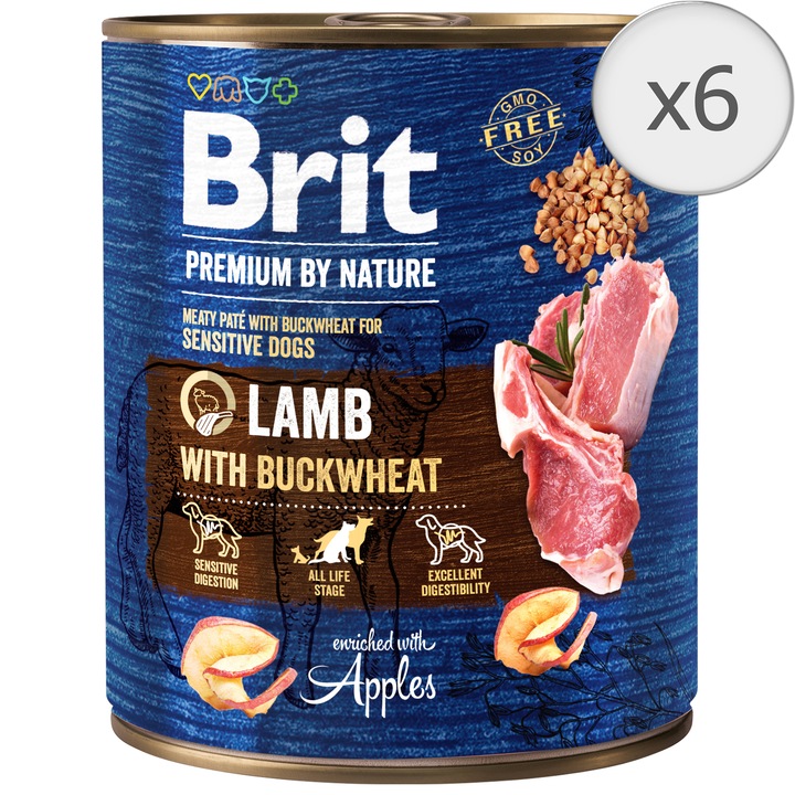 Hrana umeda pentru caini Brit Premium Sensitive, Lamb With Buckwheat, 6 x 800g