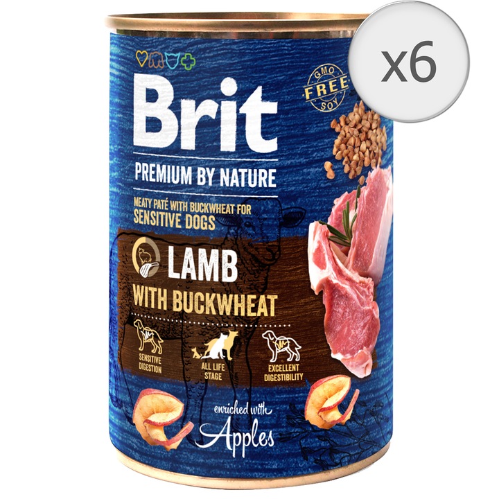 Hrana umeda pentru caini Brit Premium Sensitive, Lamb With Buckwheat, 6 x 400g