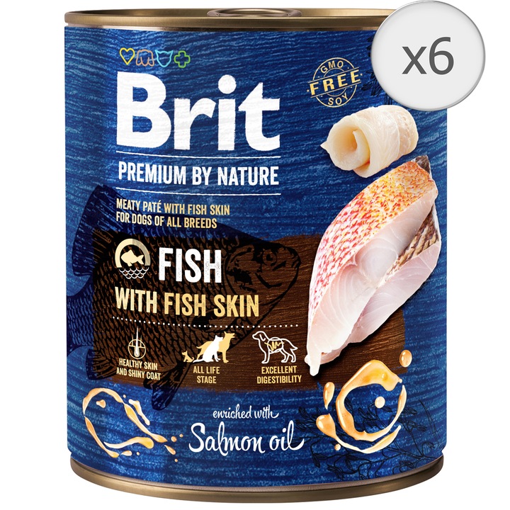 Hrana umeda pentru caini Brit Premium, Fish With Fish Skin, 6 x 800g