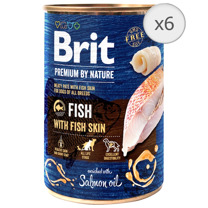 Hrana umeda pentru caini Brit Premium, Fish With Fish Skin, 6 x 400g