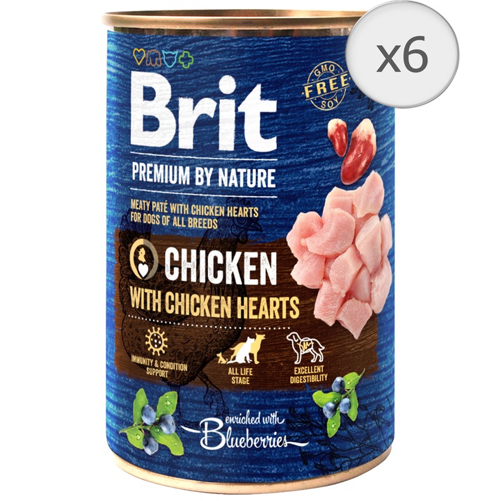 Hrana umeda pentru caini Brit Premium, Chicken With Hearts, 6 x 400g