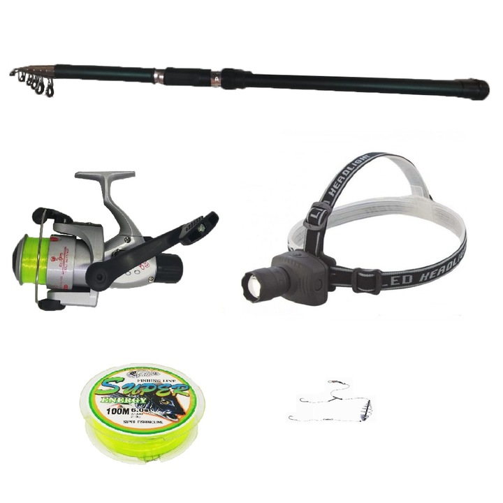 Set pescuit cu lanseta 3,6m, mulineta CB440, lanterna frontala led, montura si fir