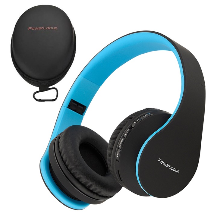 PowerLocus P1 Bluetooth fejhallgató, vezeték nélküli fül köré illeszkedő összehajtható, micro SD, FM Rádió (Kék)