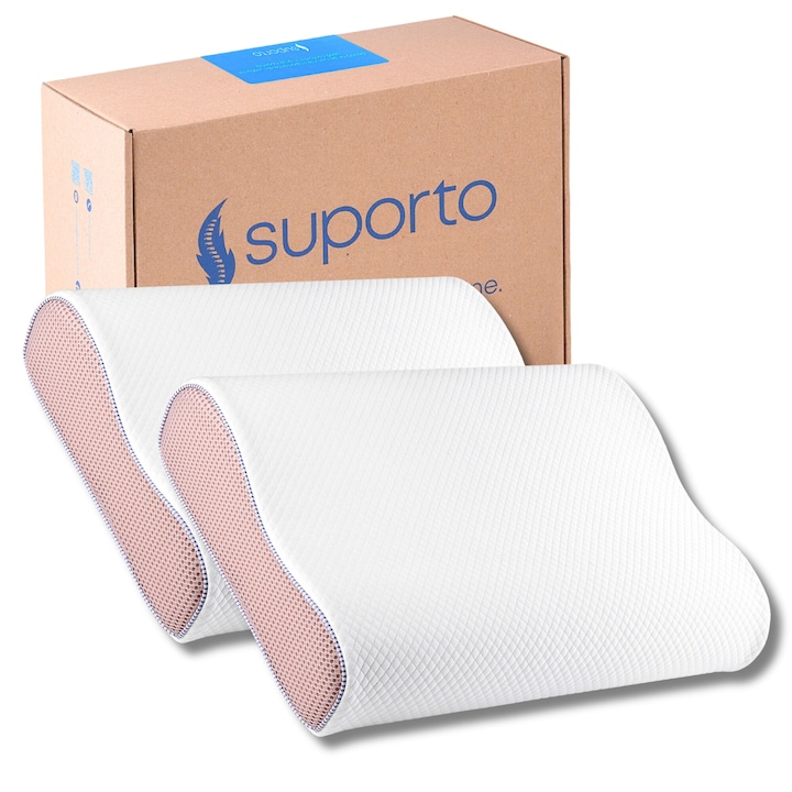 Két darab anatómiai hipoallergén ortopéd párna, Suporto, perforált memóriahabos, levehető huzat, ergonomikus kialakítása kényelmes és egyben helyes alvási pozíciót ígér, 55 x 35 x 11 cm