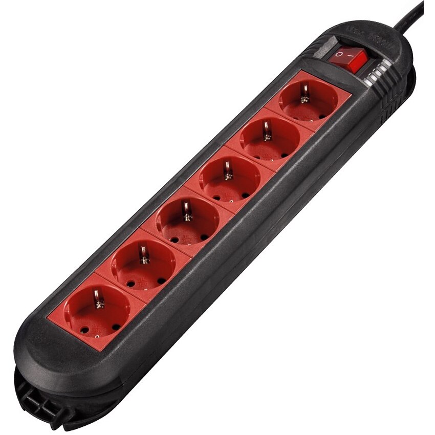 Prelungitor Hama Color 6 iesiri, 1.5 m, Negru/Rosu