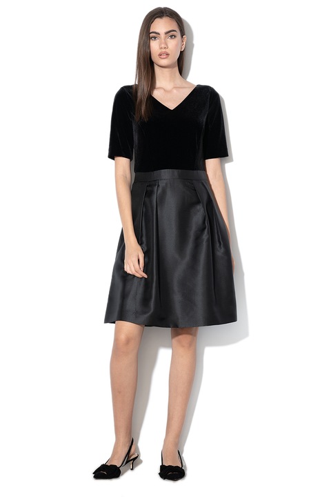 Esprit, Rochie evazata de catifea si satin, Negru, L