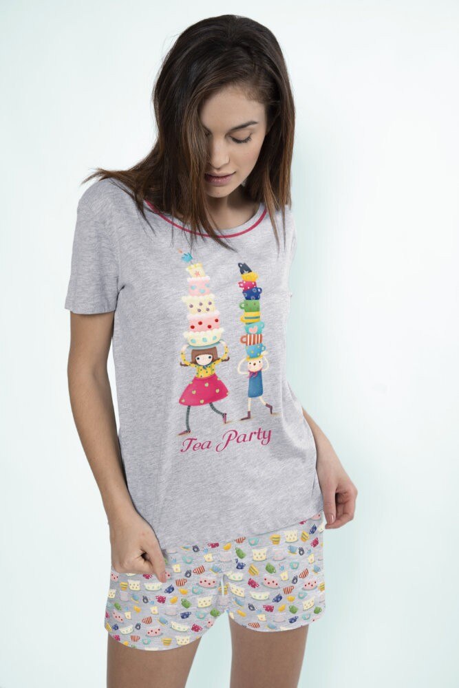 Pijama dama cu tricou Kori Kumi - Tea Party, scurta, bumbac