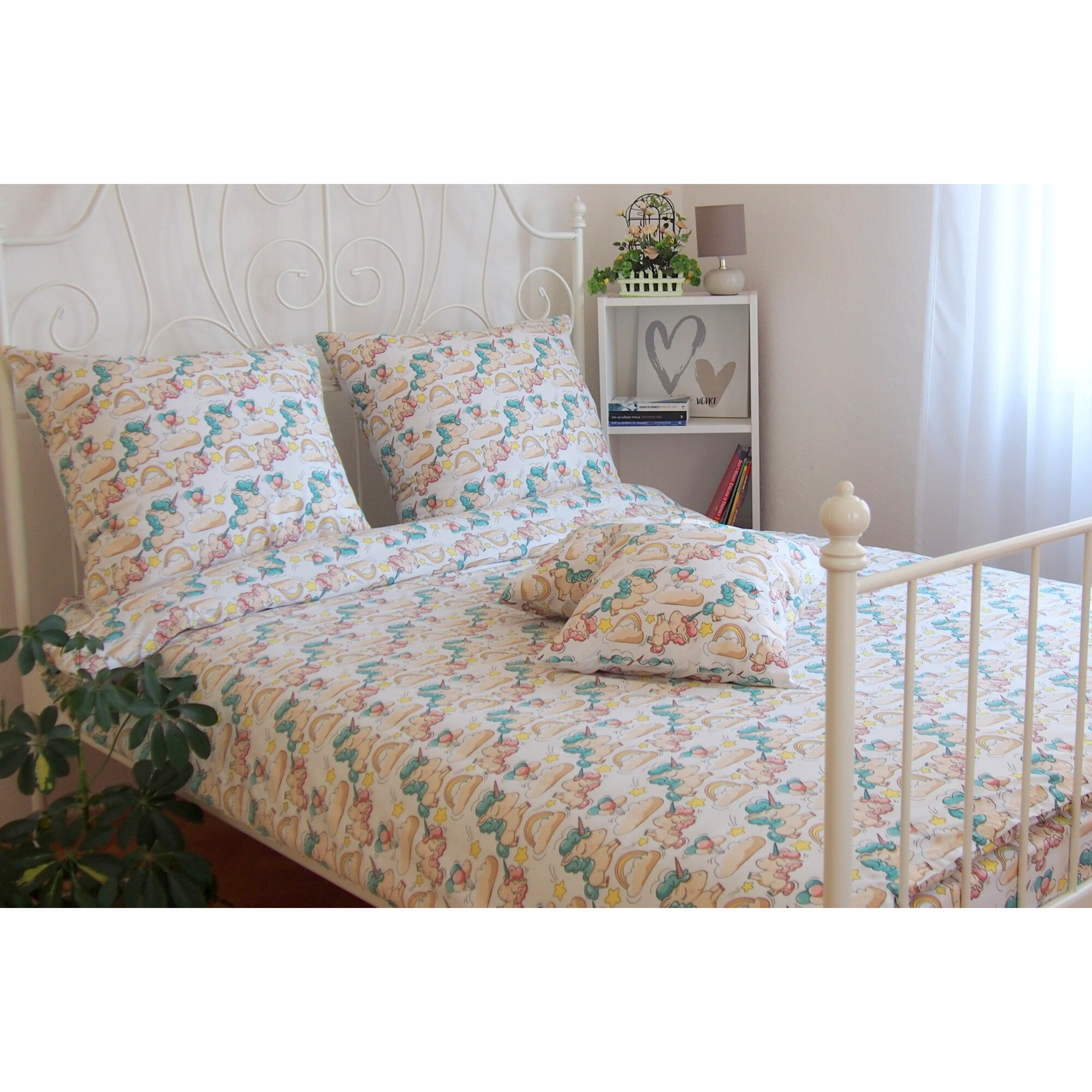 Lenjerie de pat, 3 piese, Partener Tex, 1 persoana, din bumbac 100% Ranforce , Unicorni verzi cu baloane