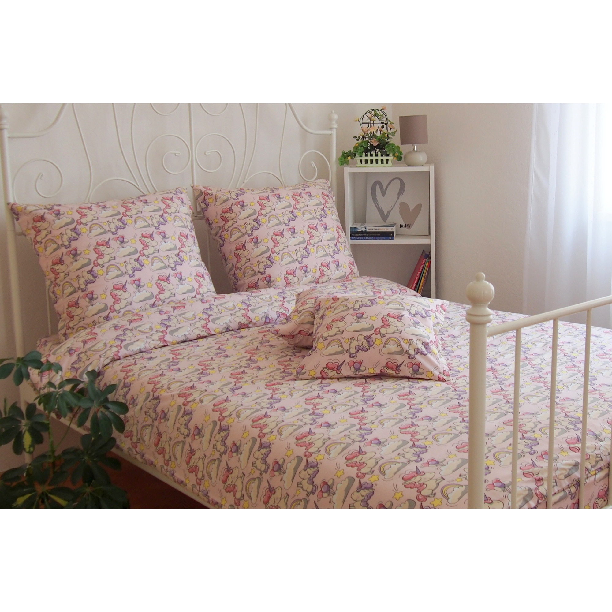 Lenjerie de pat, 6 piese, Partener Tex, pentru 2 persoane, din bumbac 100% Ranforce, Unicorni roz cu baloane