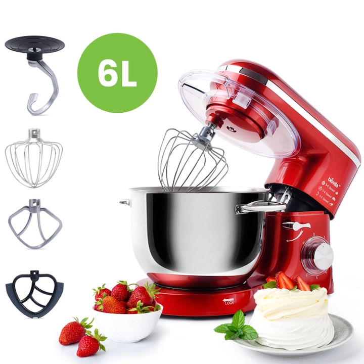 Mixer cu bol din inox Biovita MB-1500PRO, 1500 W, Bol 6 L inox, 6 Viteze, Functie Pulse, Rosu+Inox