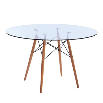 Masa Rotunda Blat Sticla, picioare lemn cu insertie metalica, transparent Masa Rotunda Blat Sticla, picioare lemn cu insertie metalica, transparent