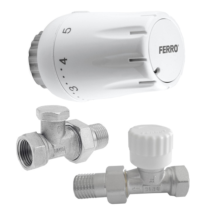 Set robineti radiator Ferro, drepti 1/2" tur termostatic + retur + cap termostat GT11