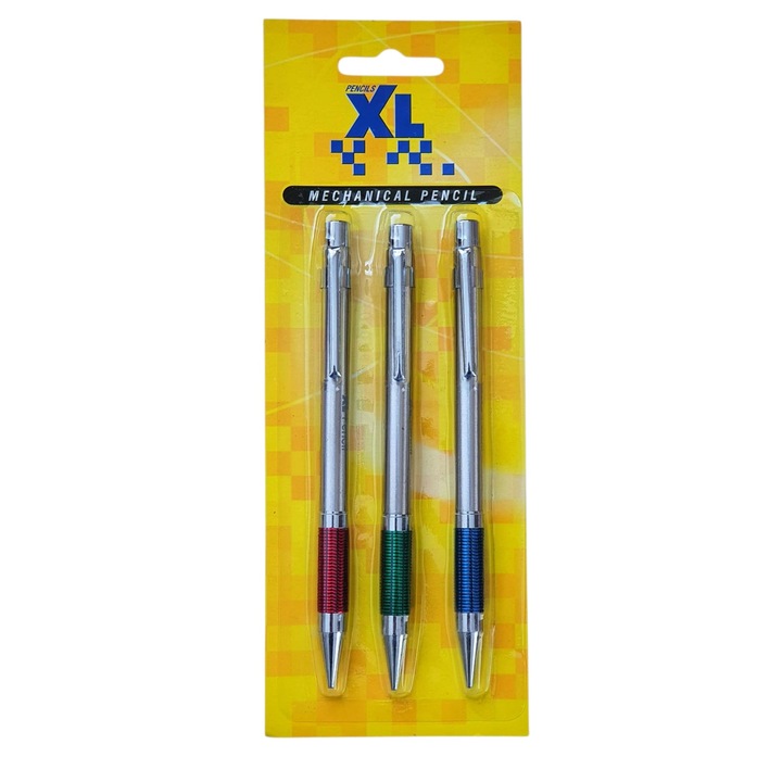 Set 3 creioane mecanice cu radiera, XL, corp metalic, mina 0.5 mm