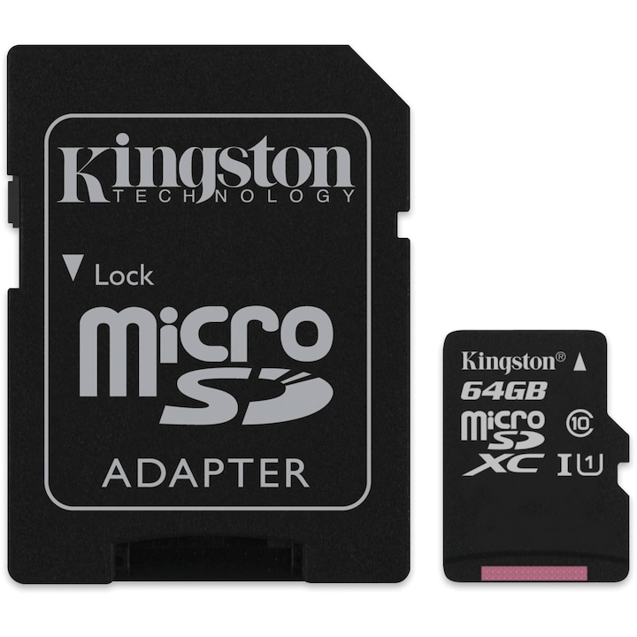 Карта памет Kingston microSDXC 64GB, Клас 10 + Адаптер