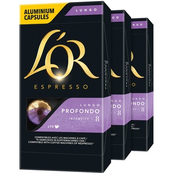 Set 3 x capsule cafea L'OR Espresso Lungo Profondo, intensitate 8, 30 bauturi x 110 ml, compatibile cu sistemul Nespresso®, 30 capsule aluminiu