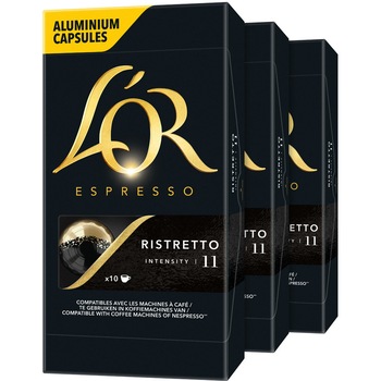 Set 3 x capsule cafea, L'OR Espresso Ristretto, intensitate 11, 30 bauturi x 25 ml, compatibile cu sistemul Nespresso ® , 30 capsule aluminiu Set 3 x capsule cafea, L'OR Espresso Ristretto, intensitate 11, 30 bauturi x 25 ml, compatibile cu sistemul Nespresso ® , 30 capsule aluminiu