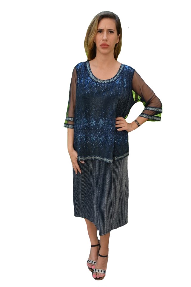 Rochie rafinatat Odetta cu insertii arginti,strasuri pe voal,D&J Exclussive, Albastru marin