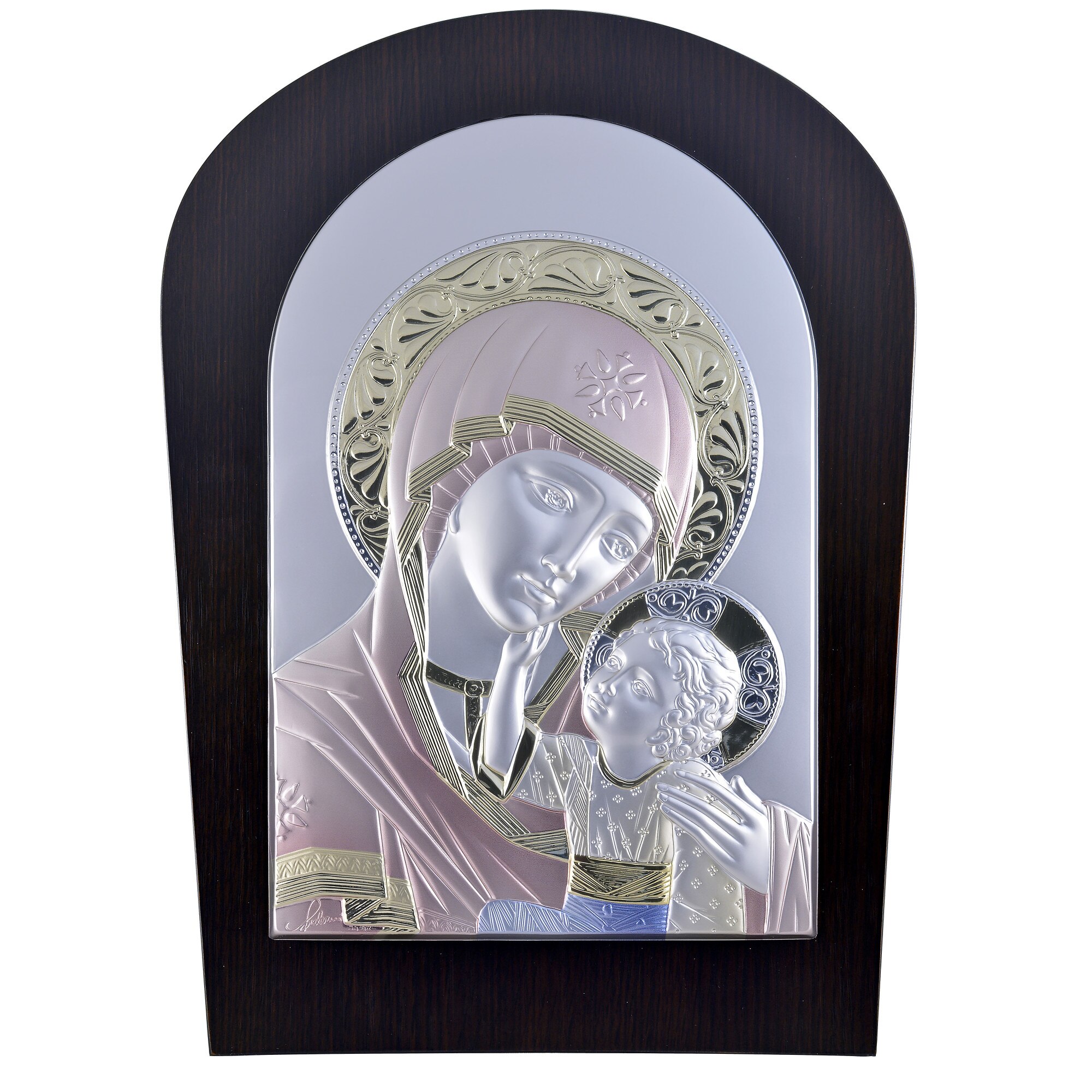 Icoana placata cu argint in lemn de mahon, pictata manual - Maria cu pruncul - Ortodox, arcada, color, 1/3