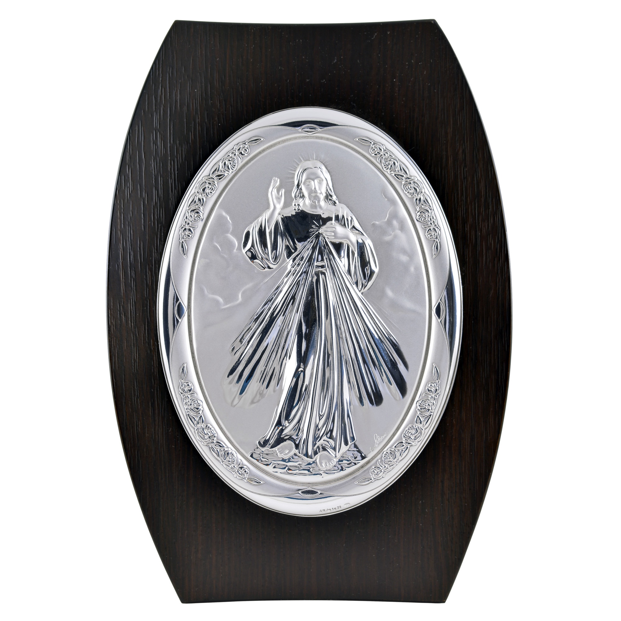 Icoana placata cu argint in lemn de culoare neagra - Iisus Hristos - Icoana milostivirii, oval, 16x12 cm, 1/2