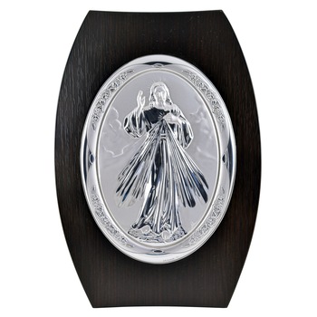 Icoana placata cu argint in lemn de culoare neagra - Iisus Hristos - Icoana milostivirii, oval, 16x12 cm, 1/2 Icoana placata cu argint in lemn de culoare neagra - Iisus Hristos - Icoana milostivirii, oval, 16x12 cm, 1/2