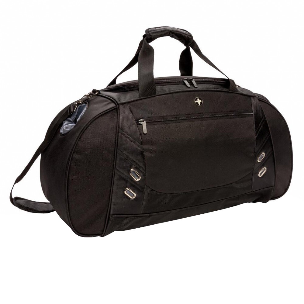Geanta sport de weekend, Swiss Peak by AleXer, WD, poliester 600D si 1680D, negru, breloc inclus din piele ecologica si metal