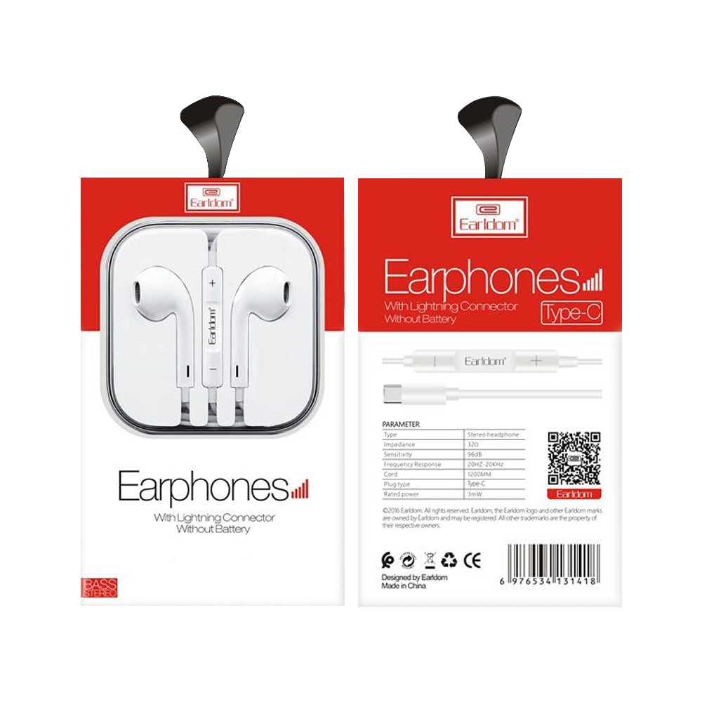 Casti intraauriculare pentru dispozitive mobile Earldom ET-E19, Tip-C, Microfon, Alb