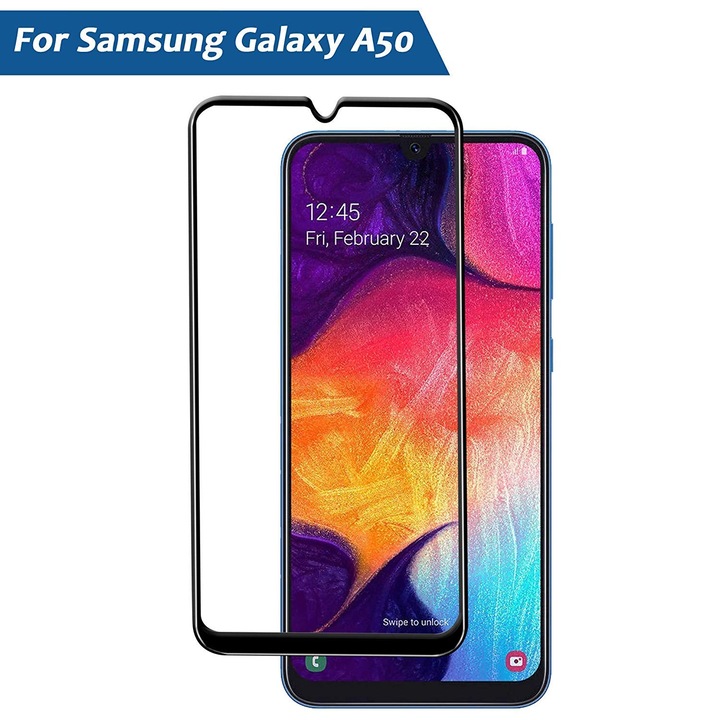 Стъклен протектор Tempered Glass за Samsung A50 (2019), 9H, 0.33мм, Full Glue, Прозрачен / Черен