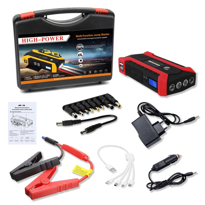 Acumulator extern portabil amXea JX29 Rosu, 20000mAh, functie pornire motor 600A/4sec, incarcare dispozitive electronice portabile, incarcare laptop, 4 porturi USB, lanterna, busola