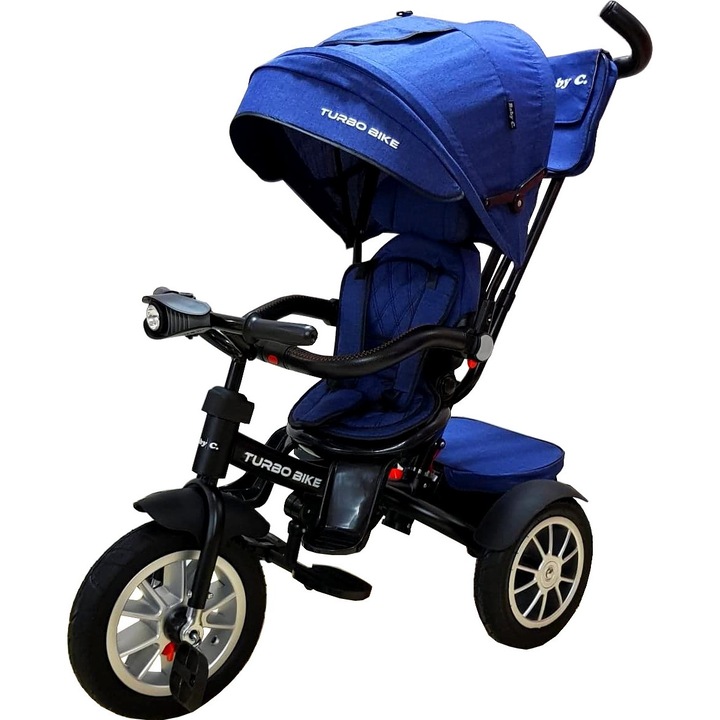 Триколка със сенник Baby Care™ Turbo Bike, с леки, гумени колела, позиция за сън, педали и дръжка за родители, реверсивна седалка с въртене на 360 градуса, метална рамка, размери 110X45X90 см, Син