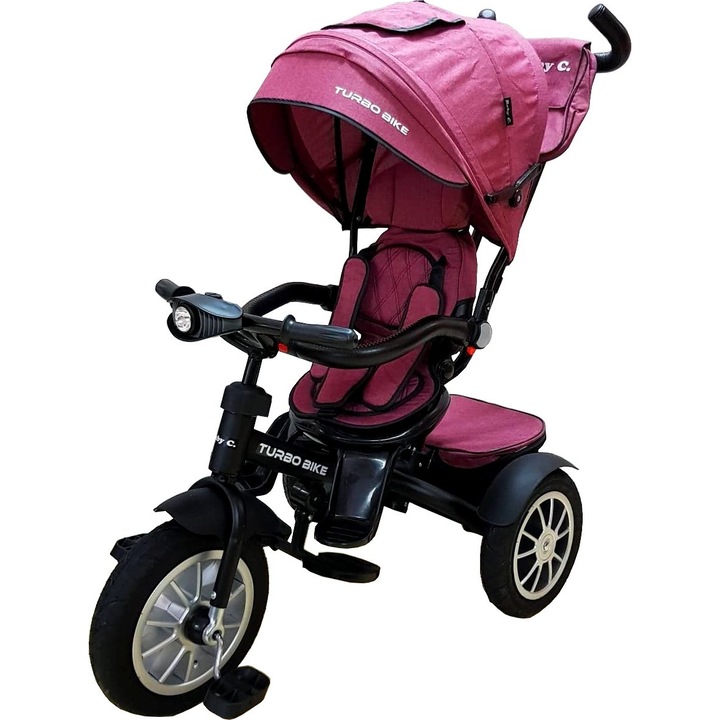 Триколка със сенник Baby Care™ Turbo Bike, с леки, гумени колела, позиция за сън, педали и дръжка за родители, реверсивна седалка с въртене на 360 градуса, метална рамка, размери 110X45X90 см, цвят Фуксия