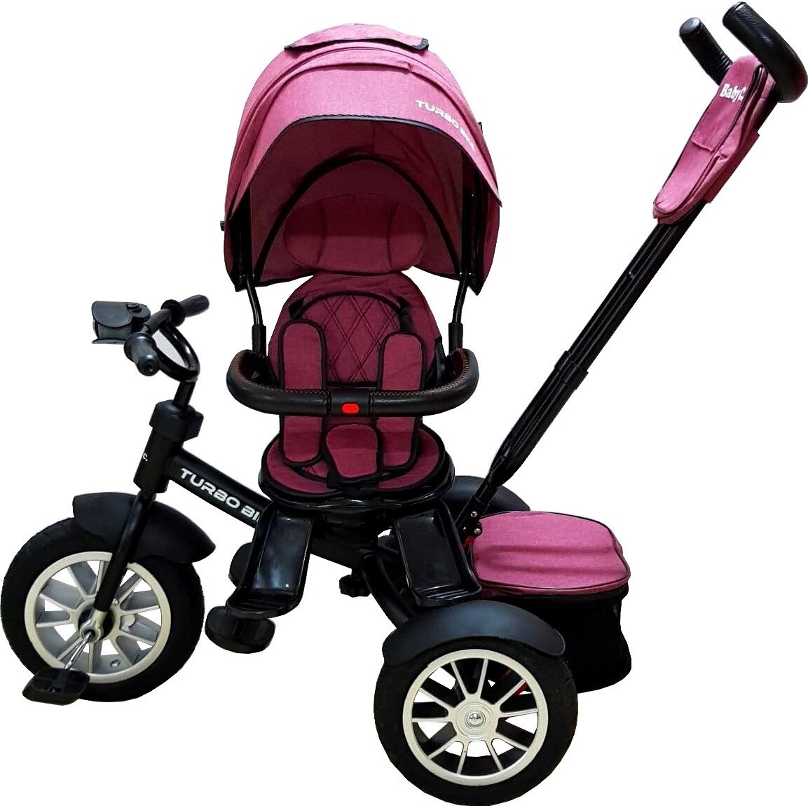 Tricicleta cu copertina Baby Care™ Turbo cu far luminos, roti din cauciuc, pozitie pedale si maner parinti, scaun cu invartire 360 grade, cadru metalic, dimensiuni 110X45X90 cm, Fucsia -