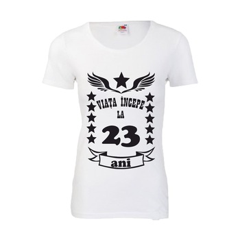 Tricou dama Viata incepe la 23 de ani alb L Tricou dama Viata incepe la 23 de ani alb L