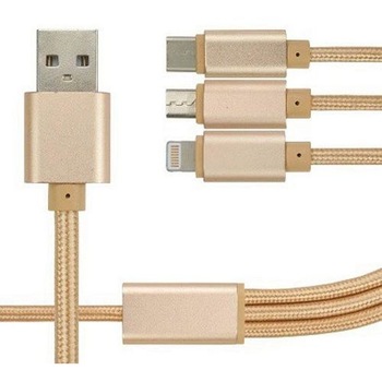 Cablu de Incarcare Textil 3 in 1, Fast Charge, MicroUSB, USB tip C, Iphone, 1.2 metri, Auriu Cablu de Incarcare Textil 3 in 1, Fast Charge, MicroUSB, USB tip C, Iphone, 1.2 metri, Auriu