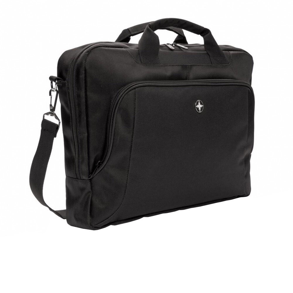 Geanta laptop 15 inch deluxe, Swiss Peak by AleXer, poliester, negru, breloc inclus din piele ecologica si metal