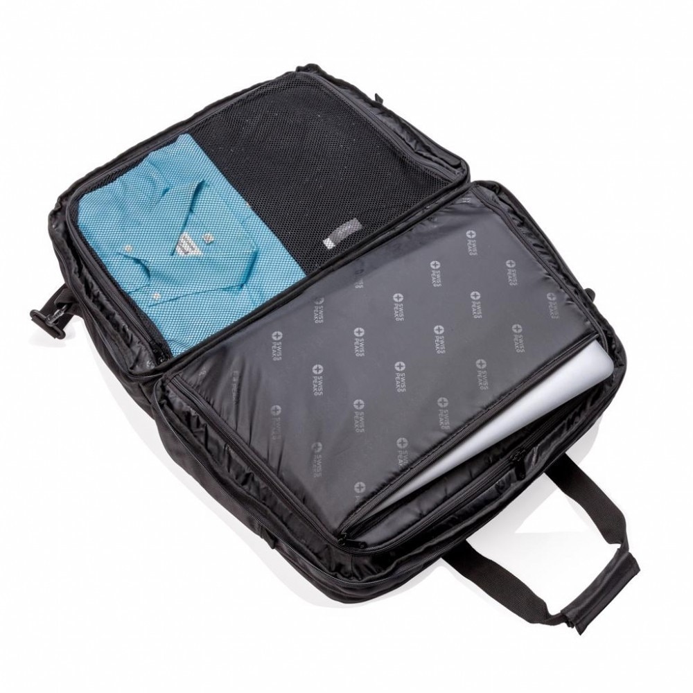 Geanta RFID, compartiment laptop 15.6 inch, 2 buzunare frontale, Swiss Peak by AleXer, RD, poliester, negru, breloc inclus