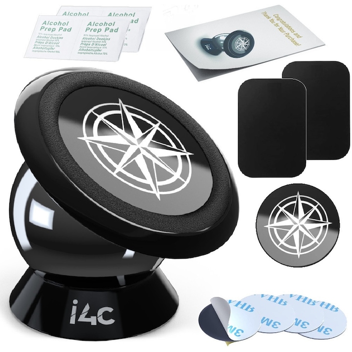 Suport auto magnetic pentru telefon Universal cu rotire 360⁰, ajustabil orice directie si compatibil cu orice model de telefon mobil, montare pe bordul masinii, cu accesorii de reinstalare si placute pentru telefoane multiple, Argintiu/Negru