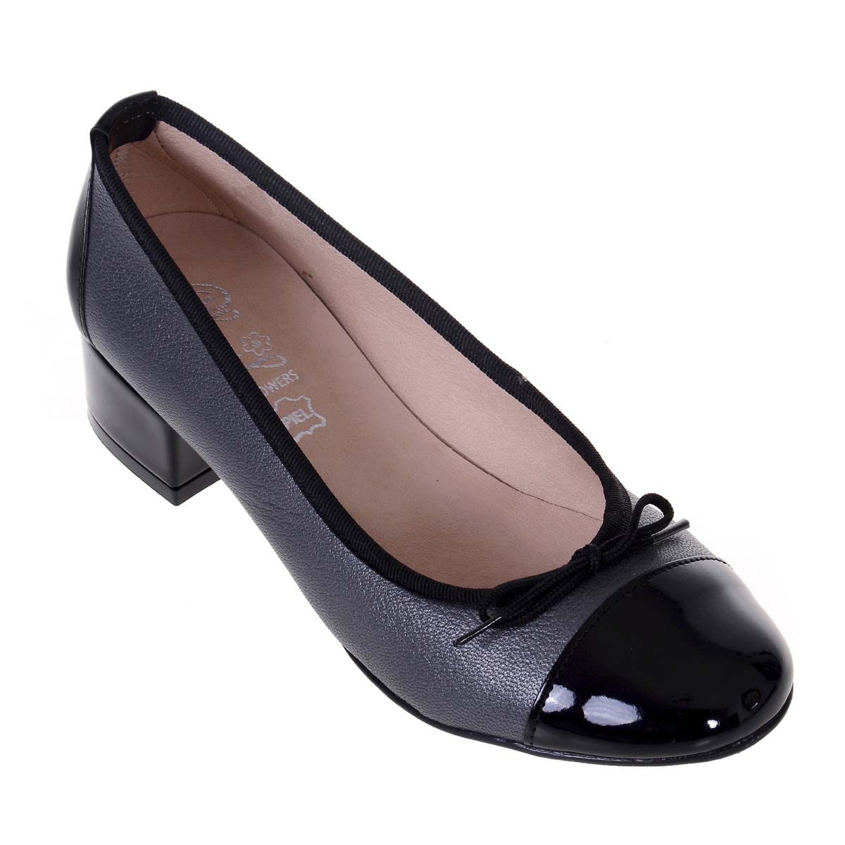 Pantofi Piele Naturala cu Toc Mic, Negru/Argintiu inchis