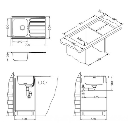 Chiuveta inox Alveus Zoom 20 Leinen, cuva stanga, 790*500mm, sifon fi 90