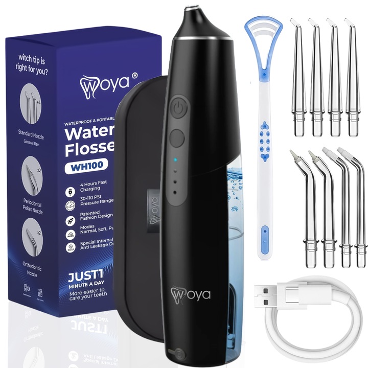 Професионален Орален Иригатор за Душ, Woya® WH100, Преносим, Водоустойчив, 8 Професионални Дюзи, За Език и Пародонтоза, 6 Режима на Почистване, Орален, 2 Нива на Интензитет, Пулсации 1400 Осцилации/мин, Батерия 2000mAh, Резервоар 200 ml, Безжичен, Черен
