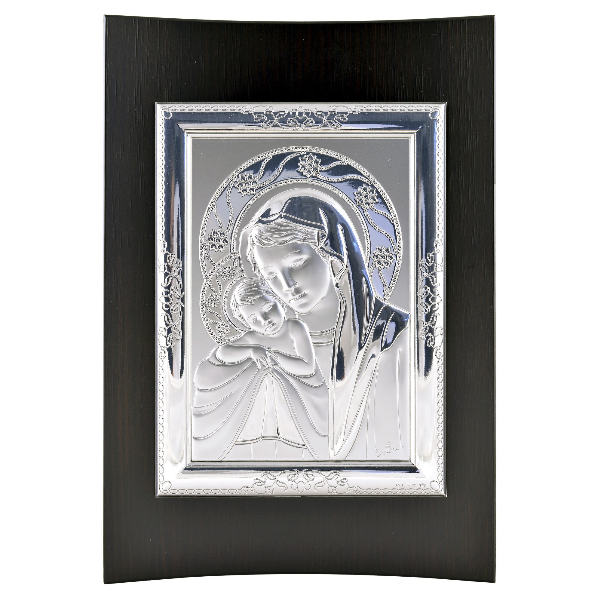Icoana placata cu argint in lemn de culoare neagra - Fecioara si pruncul - Flux floral, drept, 25x17 cm, 2/3