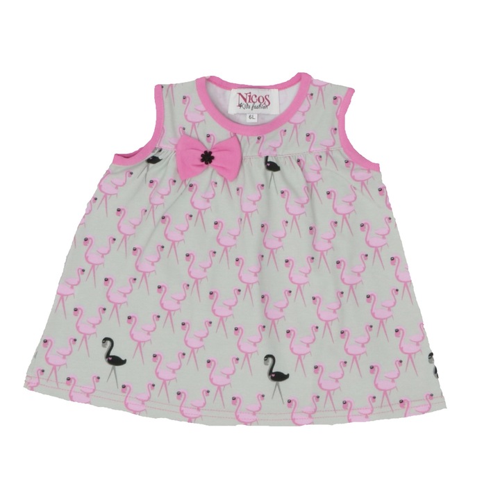 Rochie fete bumbac imprimat, Nicos Kids Fashion, Flamingo, Roz