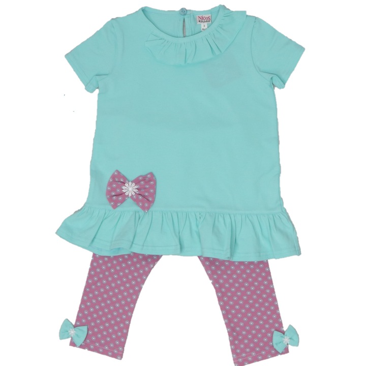 Set tricou si pantaloni trei sferturi imprimati, Nicos Kids Fashion, Inimi, Turcoaz si roz