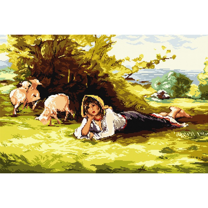 Goblen Pastorita 1 , Hudemas , kit goblen cu diagrama alb negru , cu fire mouline