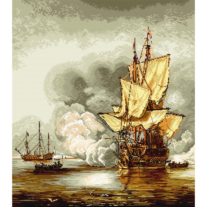 Goblen Lovitura de tun , Hudemas , kit goblen cu diagrama alb negru , cu fire mouline