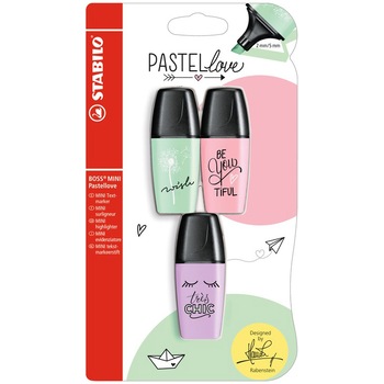 Set 3 culori Textmarker Stabilo Boss Mini Pastel Love, cutie cu agatatoare Set 3 culori Textmarker Stabilo Boss Mini Pastel Love, cutie cu agatatoare