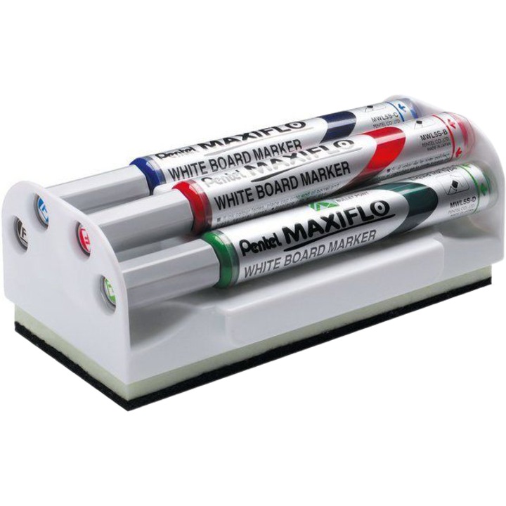Комплект маркери за дъска Maxiflo, Кръгъл връх 4 мм, 4 бр + Магнитна гъба