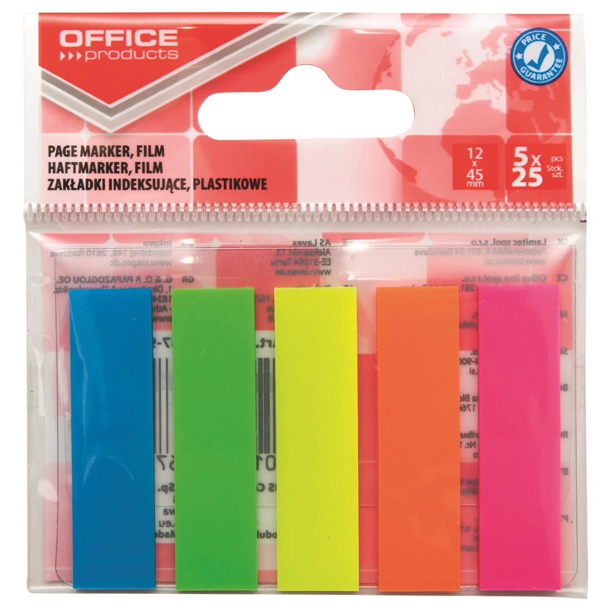 Index adeziv din plastic OFFICE Products, 45 x 12 mm, set 5 x 25 file color