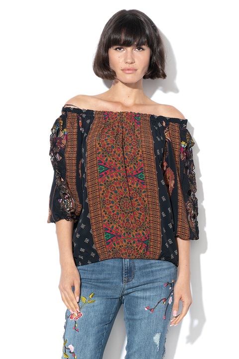 DESIGUAL, Bluza cu model floral si insertii brodate Indira, Rosu/Negru/Portocaliu
